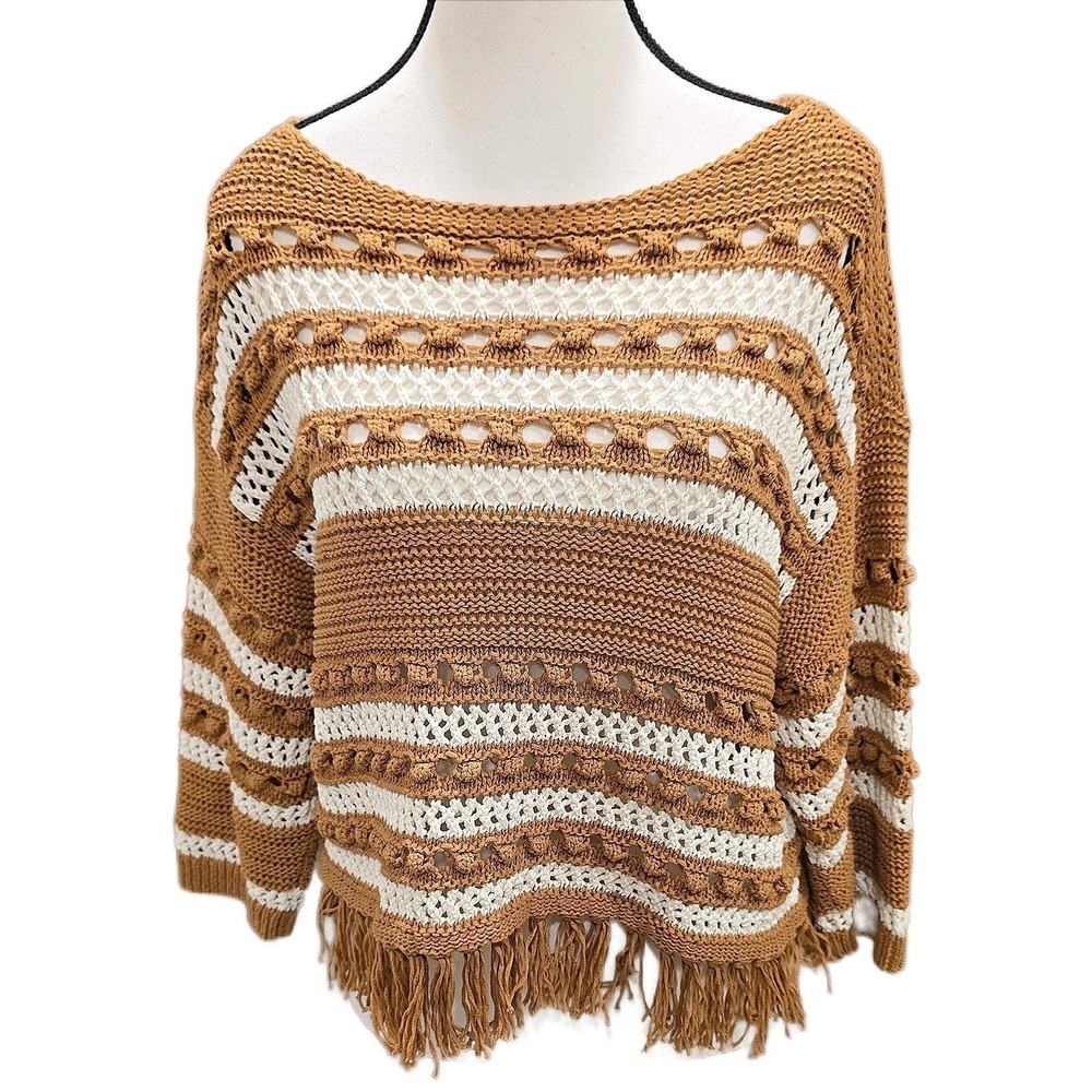 Lou & Grey for LOFT Sweater Womens XS Cropped Fringe Open Knit Stripe Boho Brown